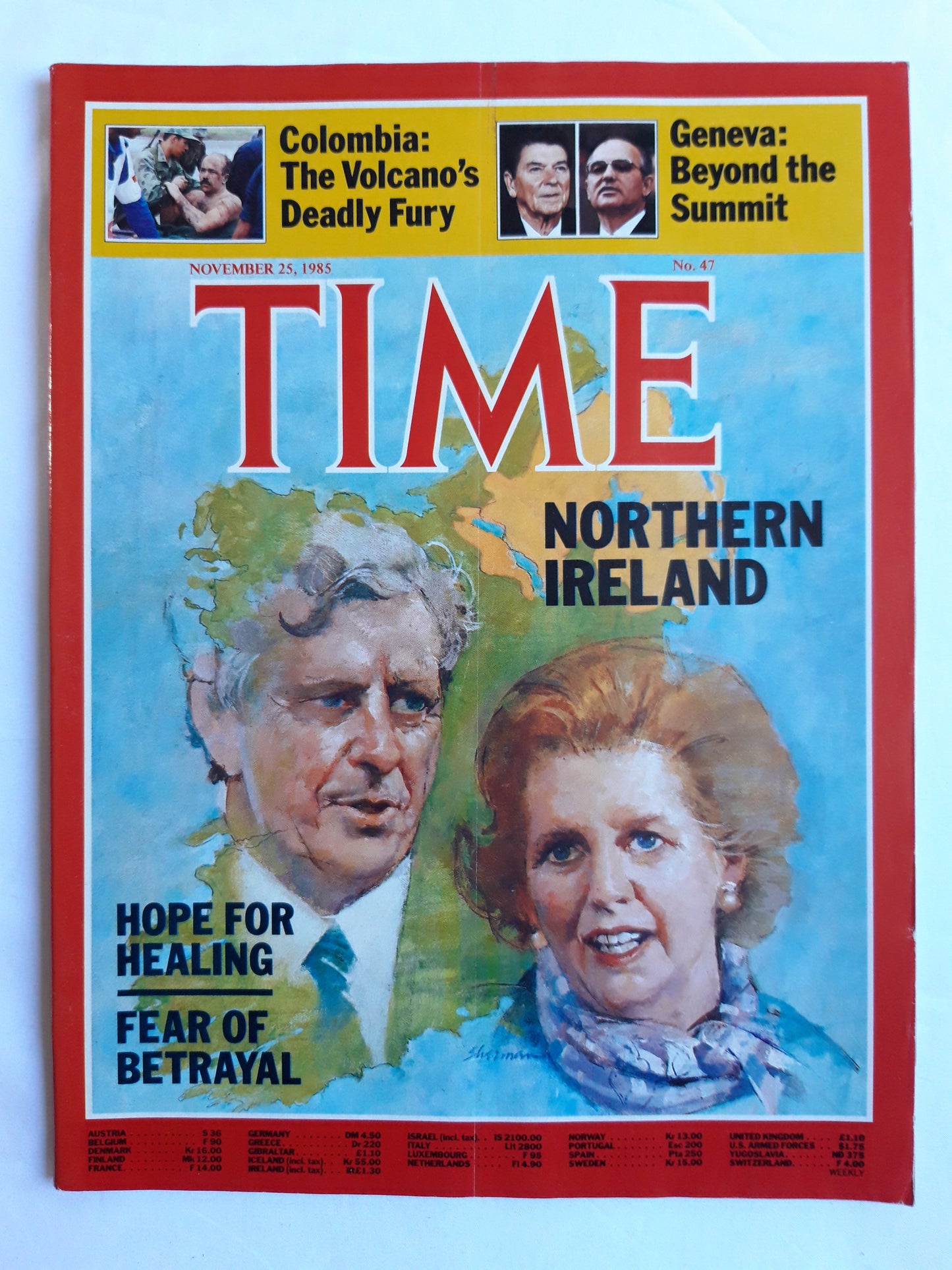 Time magazine Margaret Thatcher FitzGerald Northern Ireland Ronald Reagan Mikhail Gorbachev Colombia Volcano 25.11.1985 November 1985 No.47