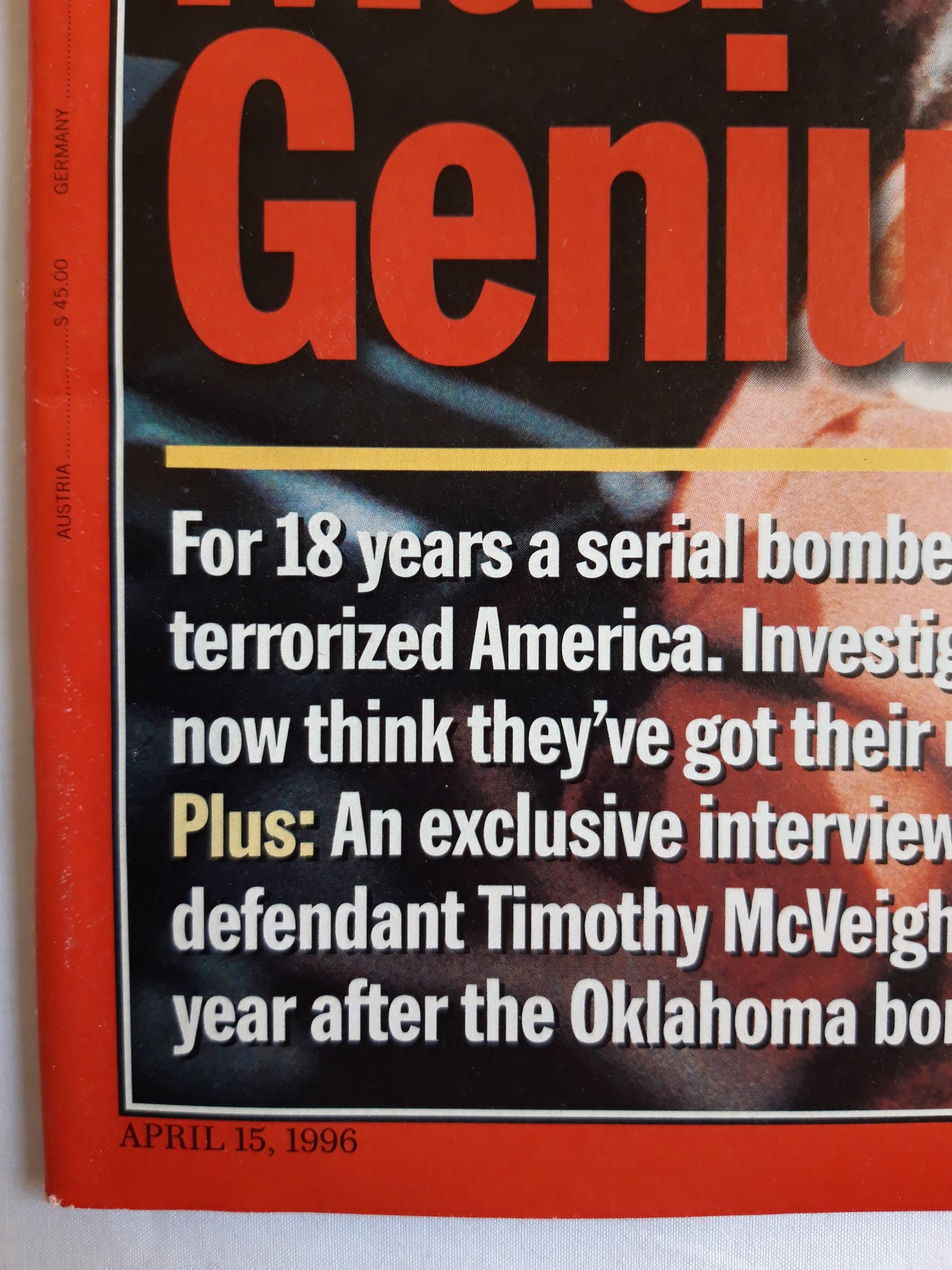 Time magazine Odyssey of a Mad Genius Suspected Unabomber Theodore J. Kaczynski Timothy McVeigh 15.04.1996 15. 15th April 1996