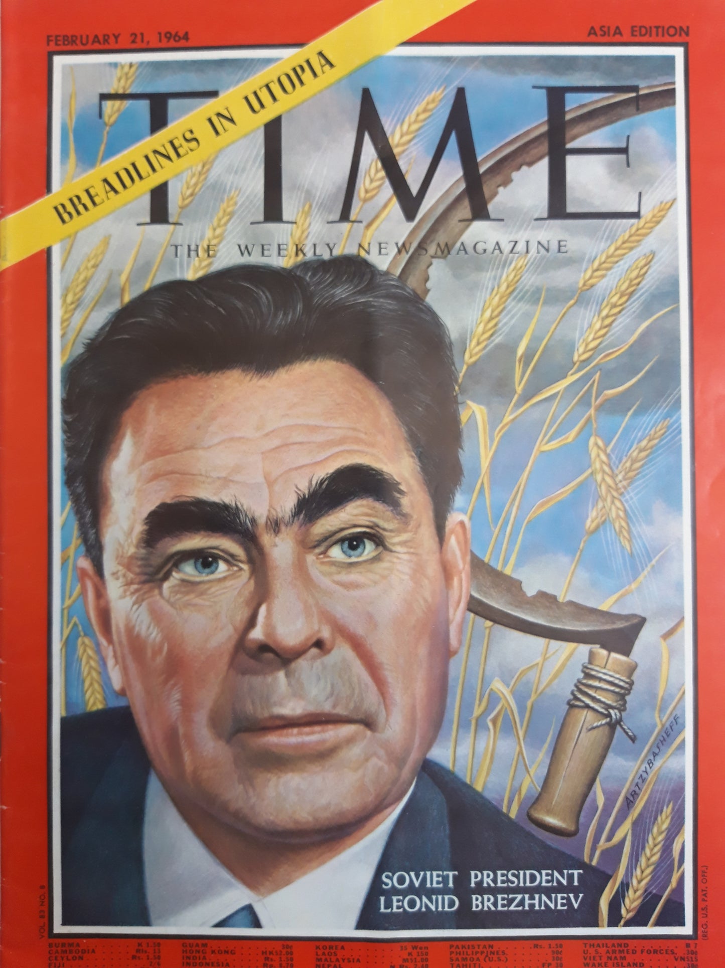 Time magazine Soviet President Leonid Brezhnev Breadlines in Utopia Asia edition 21.02.1964 Februar 1964