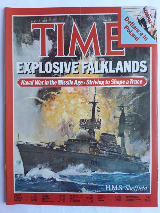Time magazine Explosive Falklands Naval war in the Missile Age Defiance in Poland H.M.S. Sheffield 17.05.1982 Mai 1982
