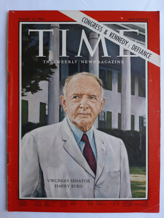 Time magazine Virginia`s Senator Harry Byrd 17.08.1962 August 1962