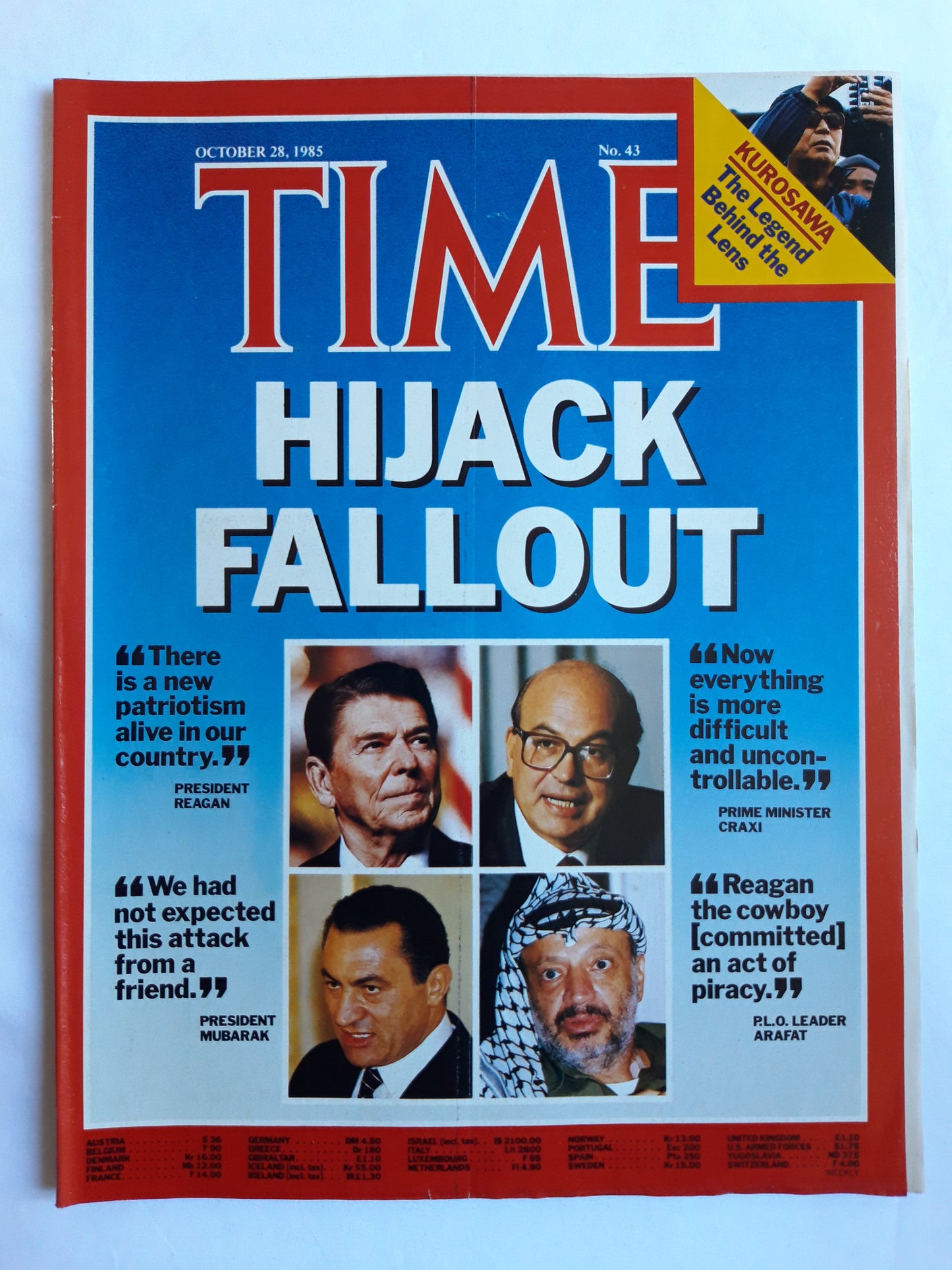 Time magazine Hijack Fallout  Ronald Reagan Craxi Mubarak Arafat Kurosawa 28.10.1985 Oktober 1985 No.43