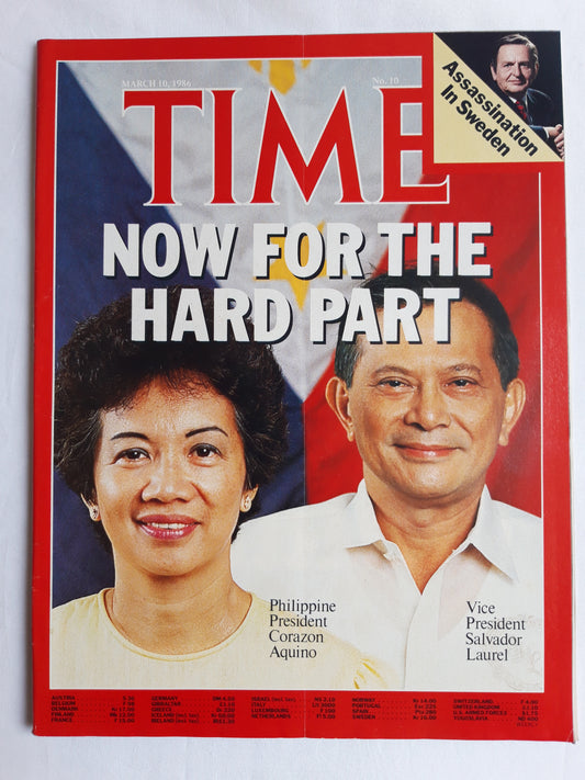Time magazine Now For The Hard Part Philippine President Corazon Aquino Vice President Salvador Laurel Assassination In Sweden 10.03.1986 März 1986 No.10
