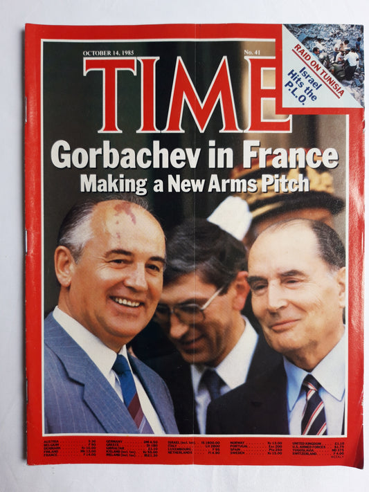 Time magazine Gorbachev in France Making a New Arms Pitch Raid on Tunisia Israel Hits the P.L.O. 14.10.1985 Oktober 1985 No.41