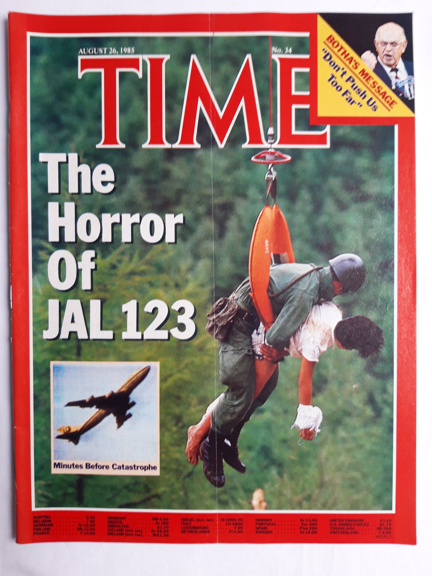 Time magazine The Horror Of JAL 123 Botha´s Message Don´t Push Us Too Far 26.08.1985 August 1985 No.34