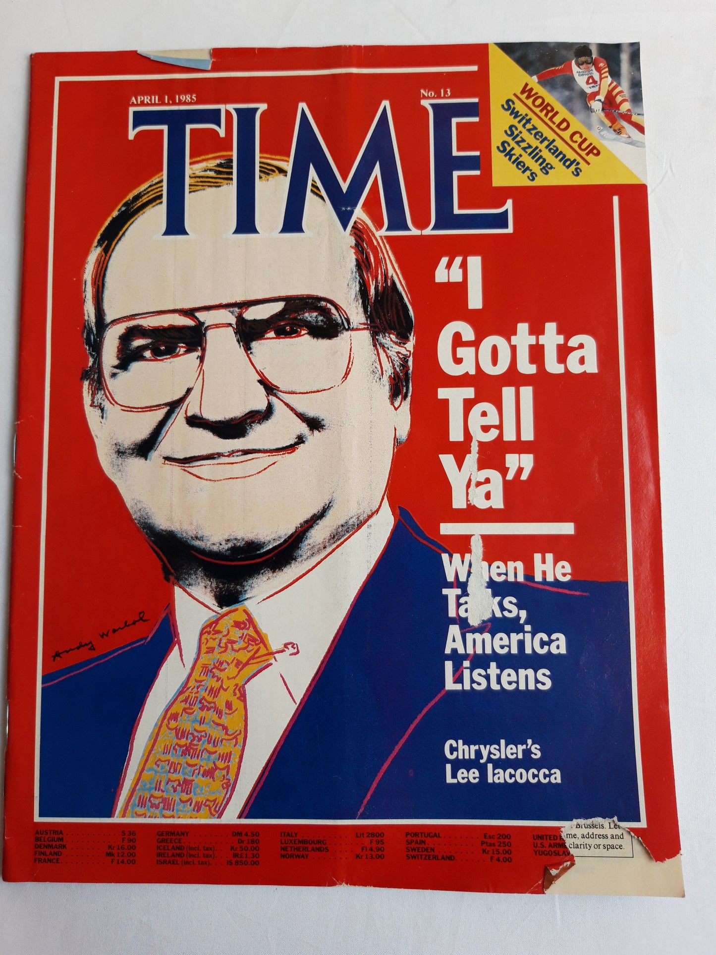 Time magazine I Gotta Tell Ya When He Talks, America Listens Chrysler`s Lee Iacocca World Cup Switzerland`s Sizzling Skiers 01.04.1985 April 1985 No.13