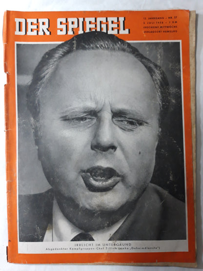 Der Spiegel Irrlicht im Untergrund Abgedankter Kampfgruppen-Chef Tillich (Geheimdienste) Nr. 27 02.07.1958 July Juli 1958