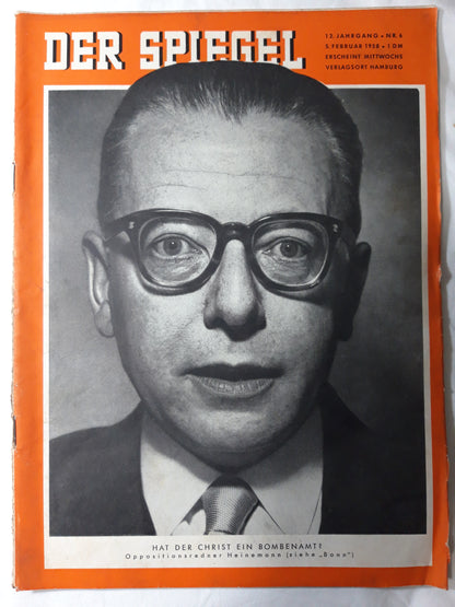 Der Spiegel Hat der Christ ein Bombenamt? Oppositionsredner Heinemann 05.02.1958 February 1958