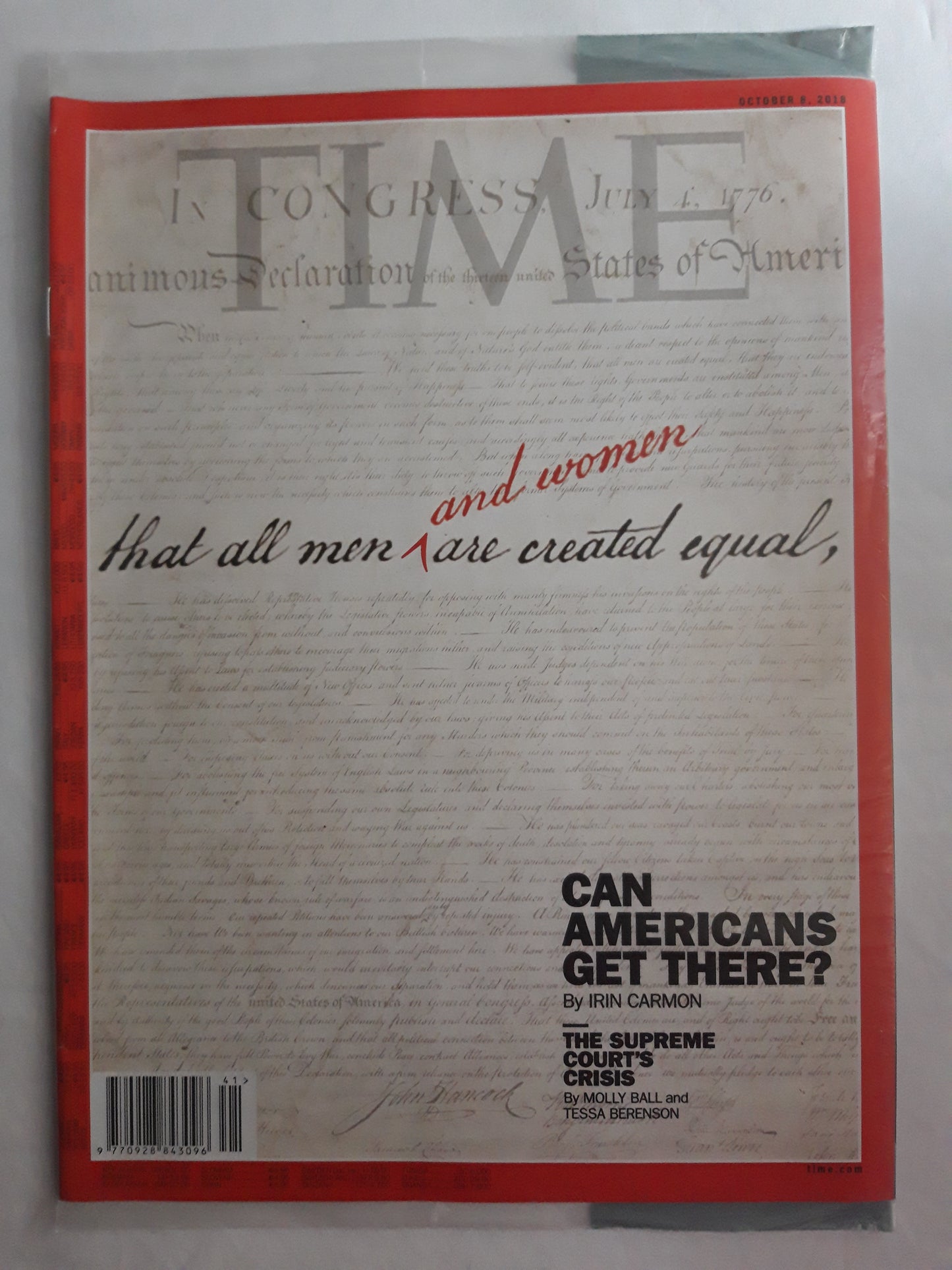 Time magazine Can Americans get there? The supreme court`s crisis That all men and women are created equal original package OP OVP Originalverpackung 08.10.2018 08. Oktober October 2018