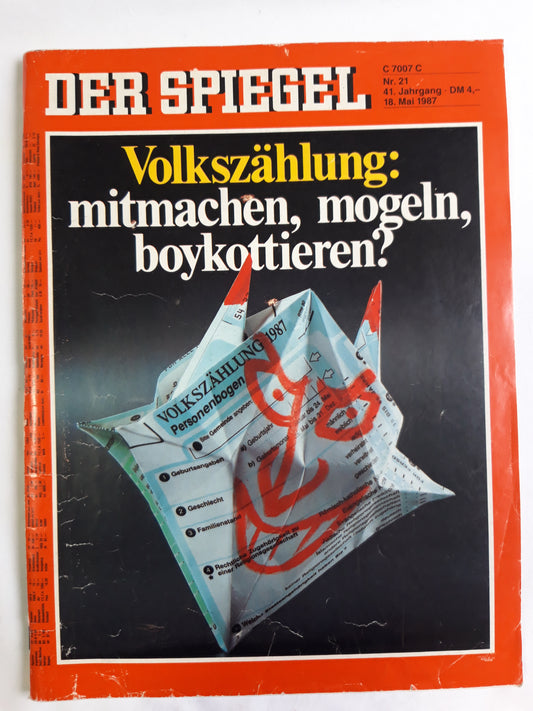 Der Spiegel Volkszöhlung: mitmachen, mogeln, boykottieren? Nr. 21 18.05.1987 May Mai 1987