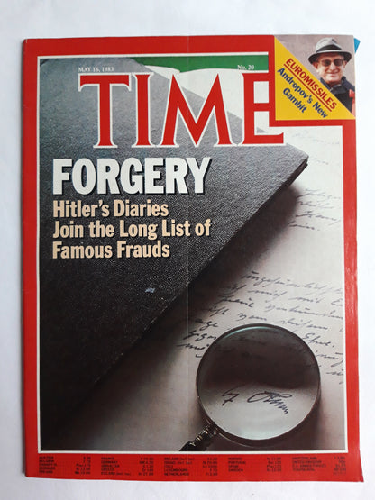 Time magazine Forgery Hitler`s Diaries Join the Long List of Famous Frauds Euromissiles Andropov`s New Gambit No. 20 16.05.1983 May Mai 1983
