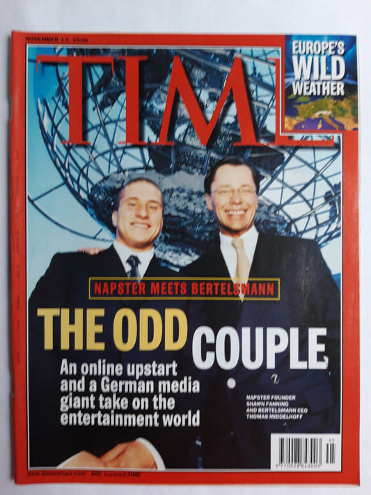 Time magazine Napster founder Shawn Fanning meets Bertelsmann CEO Thomas Middelhoff 13.11.2000 November 2000The Odd Couple Online upstart German media giant Europe`s Wild weather
