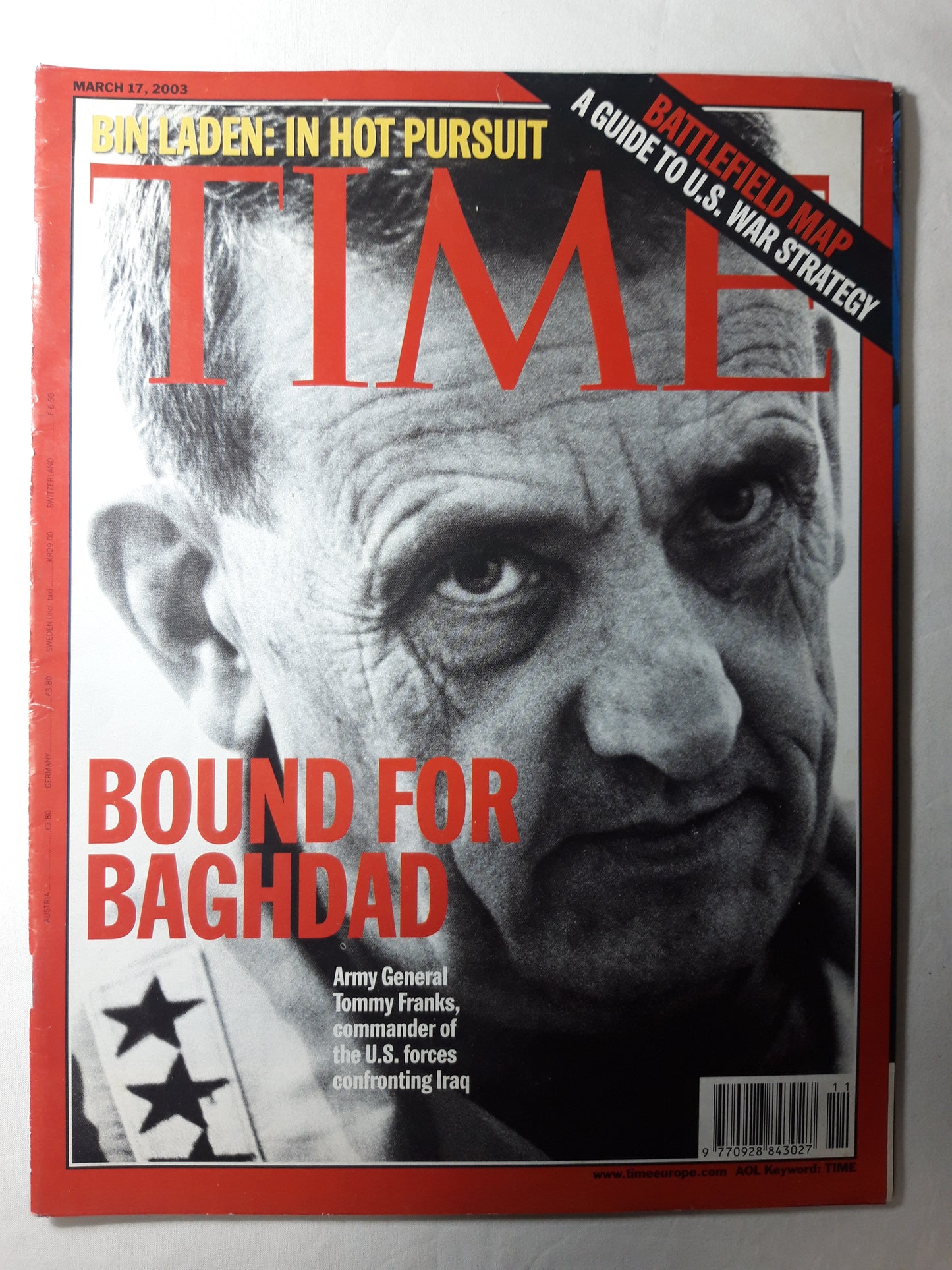Time magazine Bound for Baghdad Army General Tommy Franks Iraq Bin Laden: in hot pursuit Battlefield map A guid to U.S. war strategy 17.03.2003 March März 2003