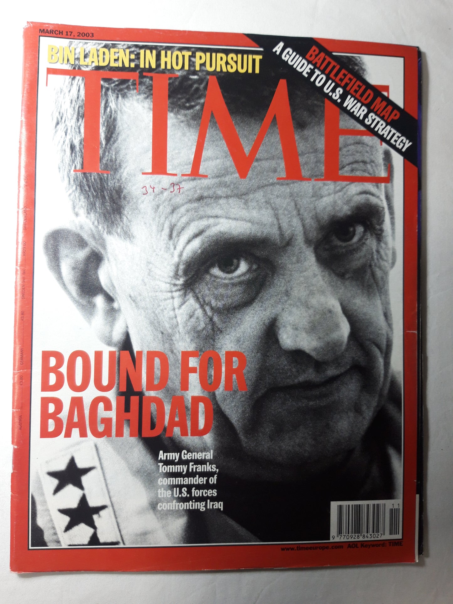 Time magazine Bound for Baghdad Army General Tommy Franks Iraq Bin Laden: in hot pursuit Battlefield map A guid to U.S. war strategy 17.03.2003 March März 2003