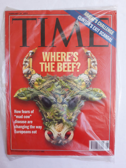 Time magazine Where`s the beef? How fears of "mad cow" disease are changing the way Europeans eat Arafat`s challenge Clinton`s exit scandal Original packaging OVP Original verpackt 26.02.2001 February 2001
