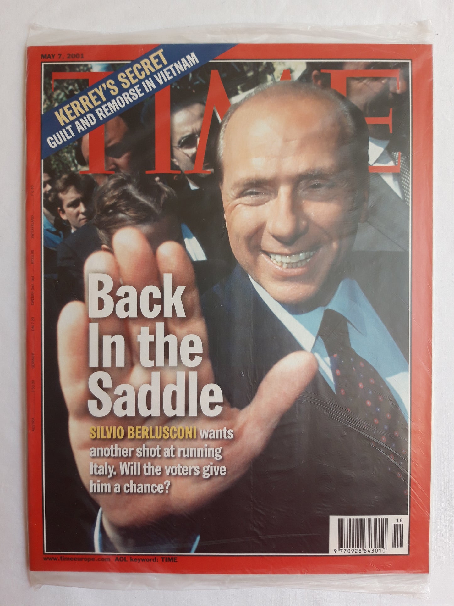 Time magazine Back in the Saddle Silvio Berlusconi Kerrey`s secret guilt and remorse in Vietnam Original packaging OVP Original verpackt 07.05.2001 May Mai 2001