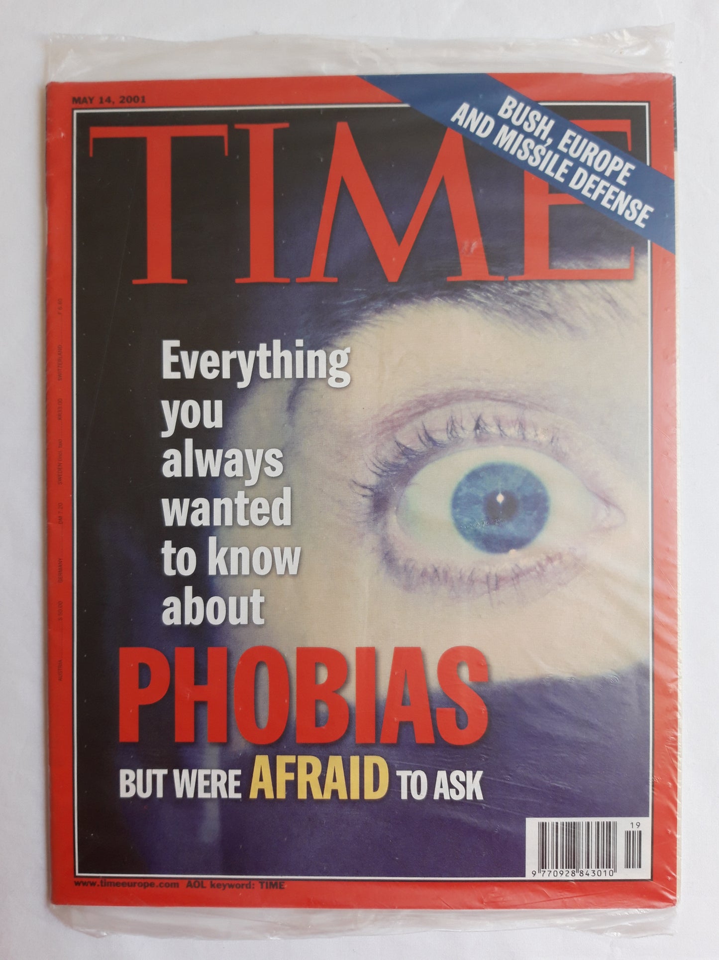 Time magazine Everything you always wanted to know about Phobias but were afraid to ask Bush Europe and missile defense Original packaging OVP Original verpackt 14.05.2001 May Mai 2001