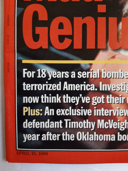 Time magazine Odyssey of a Mad Genius Suspected Unabomber Theodore J. Kaczynski Timothy McVeigh 15.04.1996 15. 15th April 1996