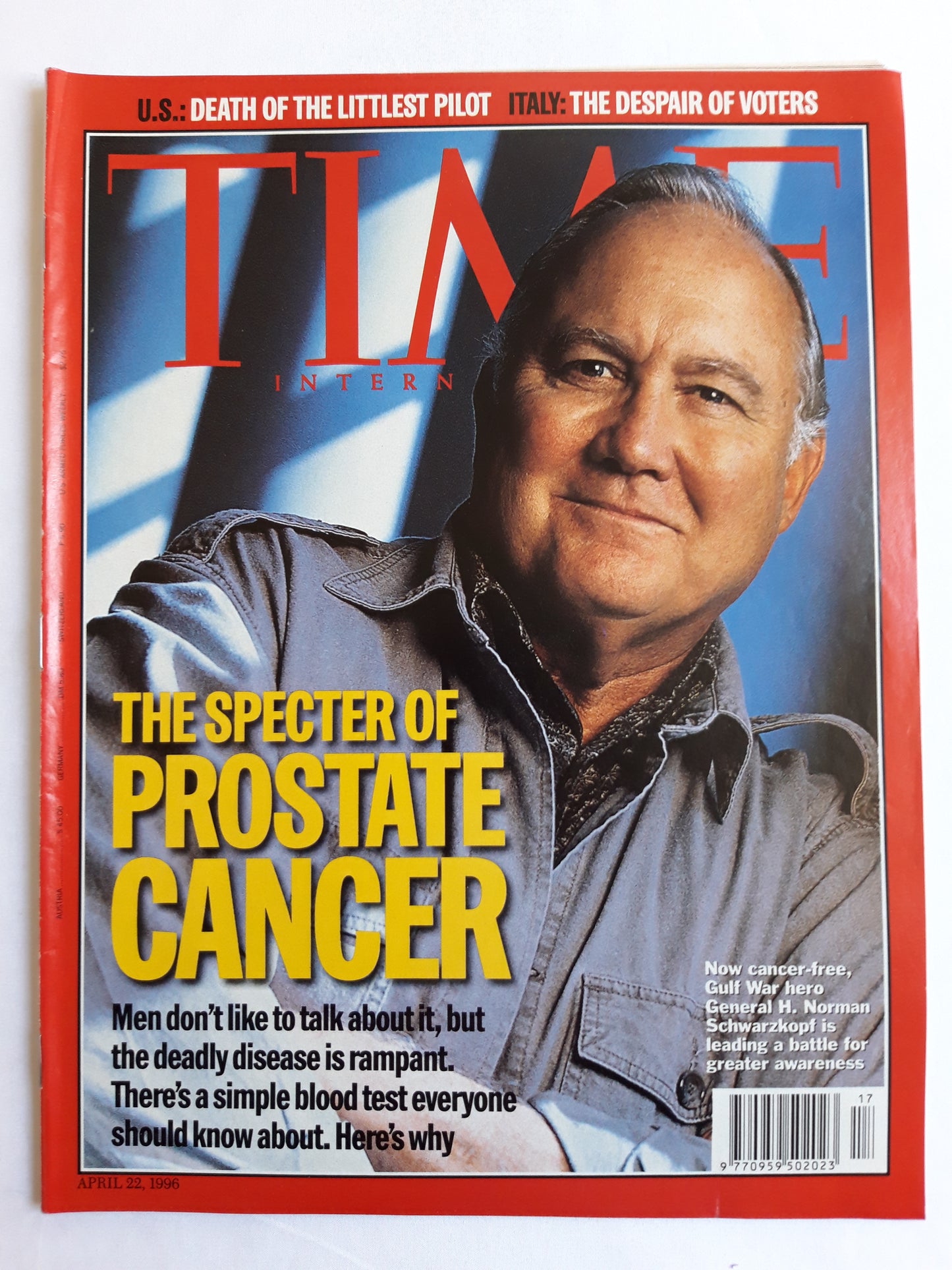 Time magazine The specter of prostatite cancer  Gulf war hero General H. Norman Schwarzkopf 22.04.1996 22. 22nd April 1996