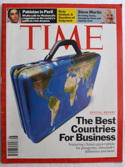Time magazine The Best Countries for Business Pakistan in Peril Bhutto Musharraf Rudy Guiliani Steve Martin 26.11.2007 26th 26. November 2007