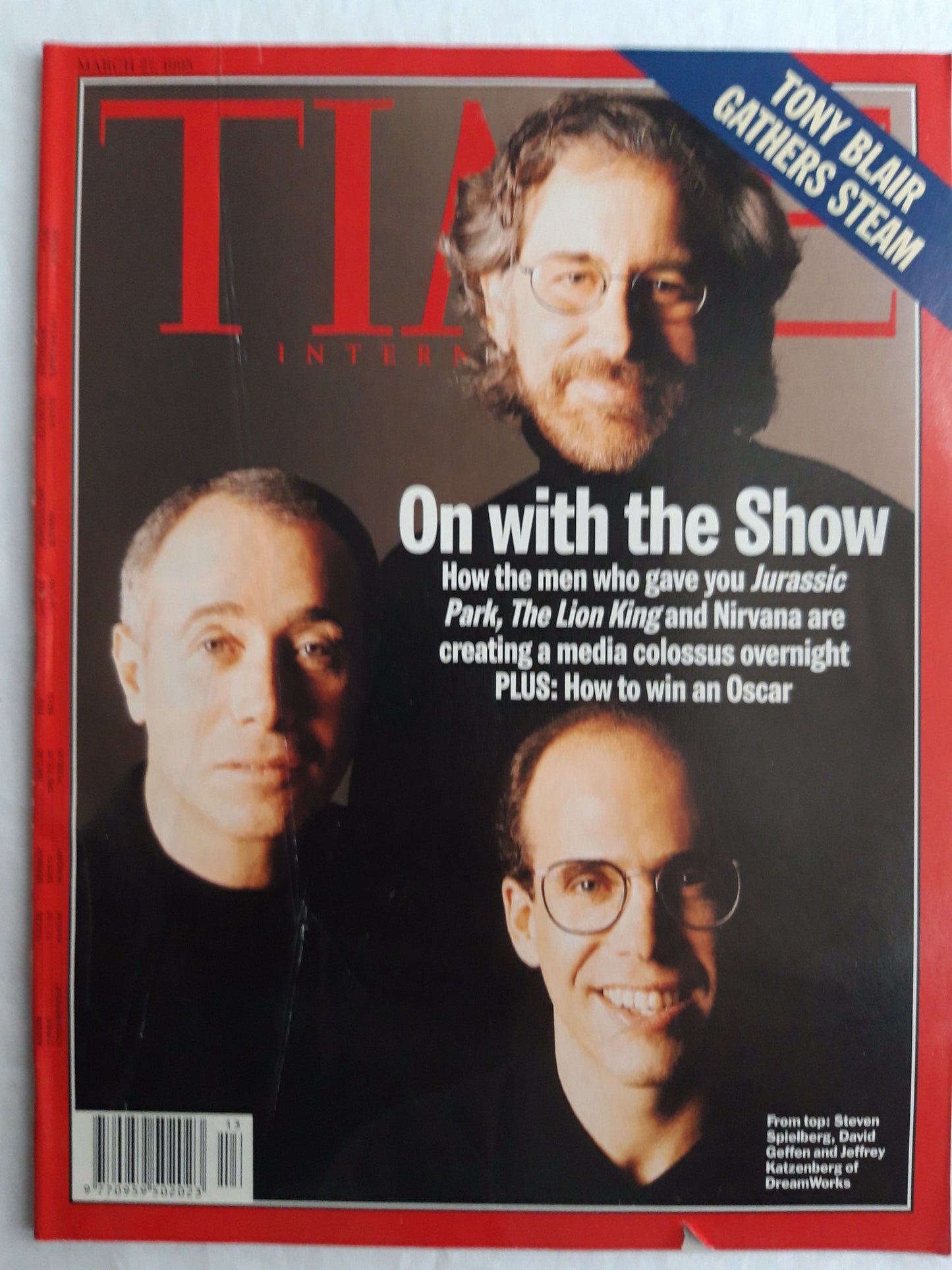 Time magazine on with the Show Jurassic Park, The Lion King Nirvana How to win an Oscar Steven Spielberg David Geffen Jeffrey Katzenberg Tony Blair Gathers Steam 27.03.1995 März 1995