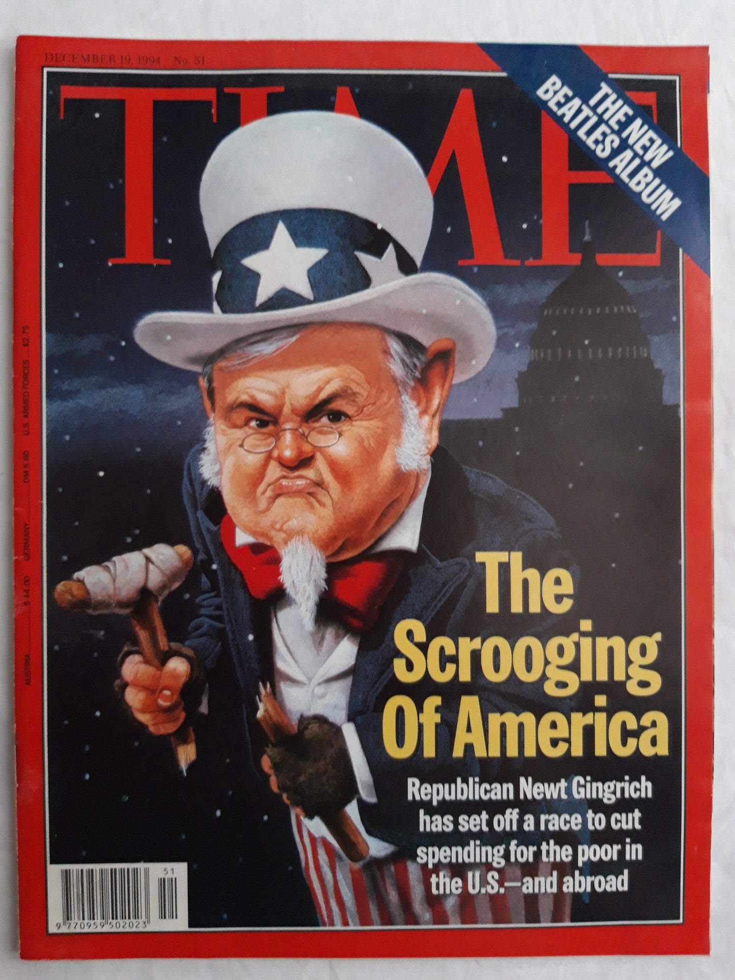 Time magazine The Scrooging of America Republican Newt Gingrich The New Beatles Album 19.12.1994 19th 19. December Dezember 1994 No. 51