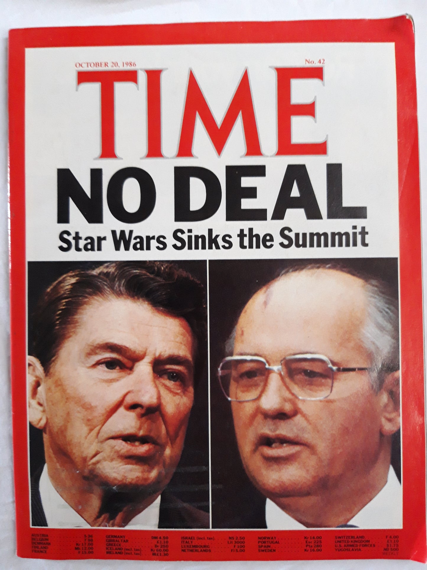 Time magazine No Deal Star Wars Sinks the Summit Ranald Reagan Mikhail Gorbachev 20.10.1986 20. 20th Oktober October 1986 No.42
