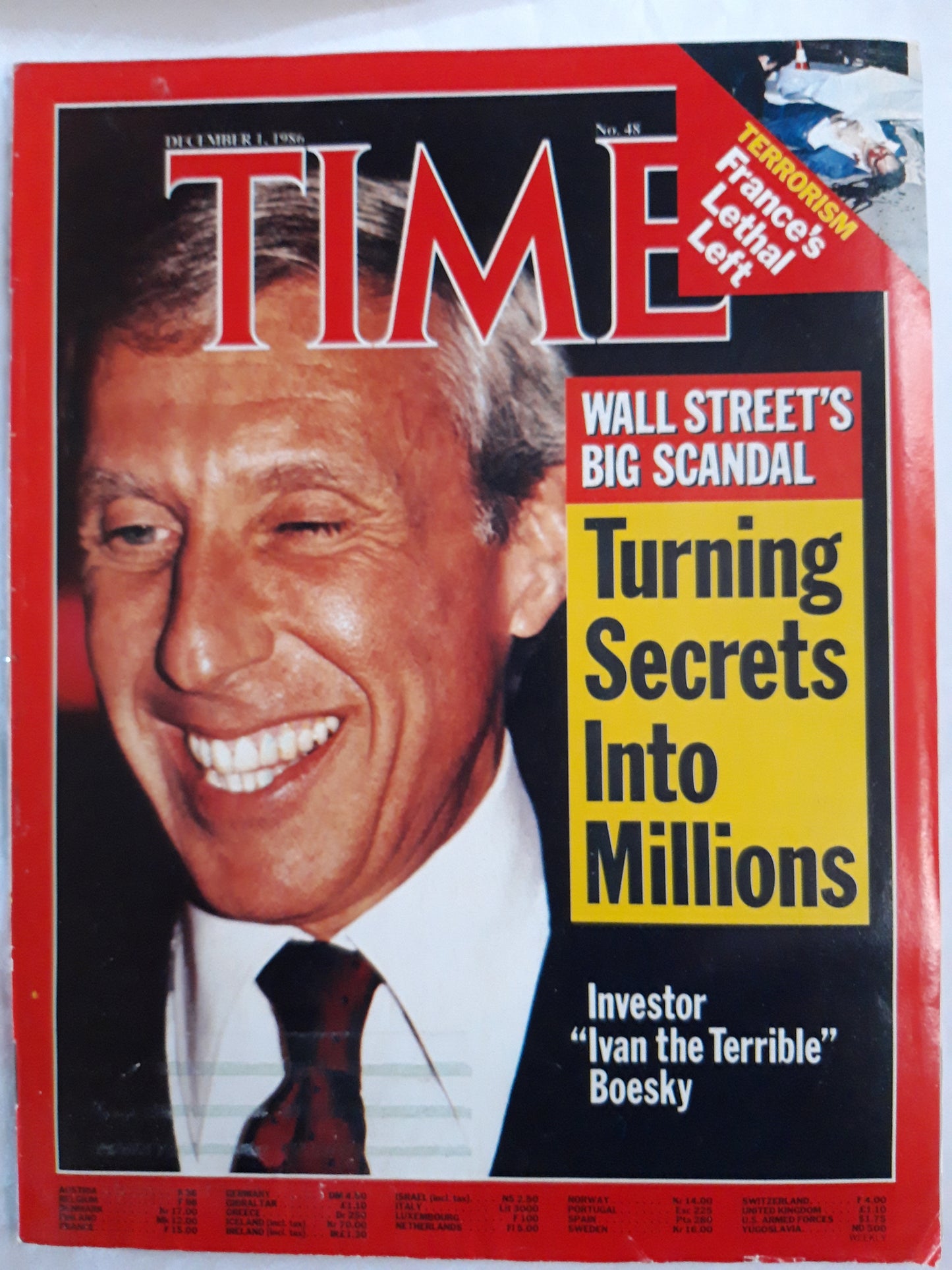 Time magazine Wall Street big scandal Turning Secrets Into Millions Terrorism France`s Lethal Left 01.12.1986 1st 01. December Dezember 1986 No. 48