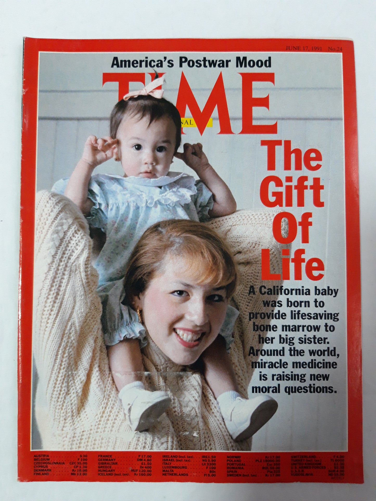 Time magazine The Gift of life A California baby was born to provide lifesaving bone marrow to her bif sister. Around the world, miracle medicine is raising new moral questions. America`s Postwar Mood 17.06.1991 No. 24 17th June 17. Juni 1991