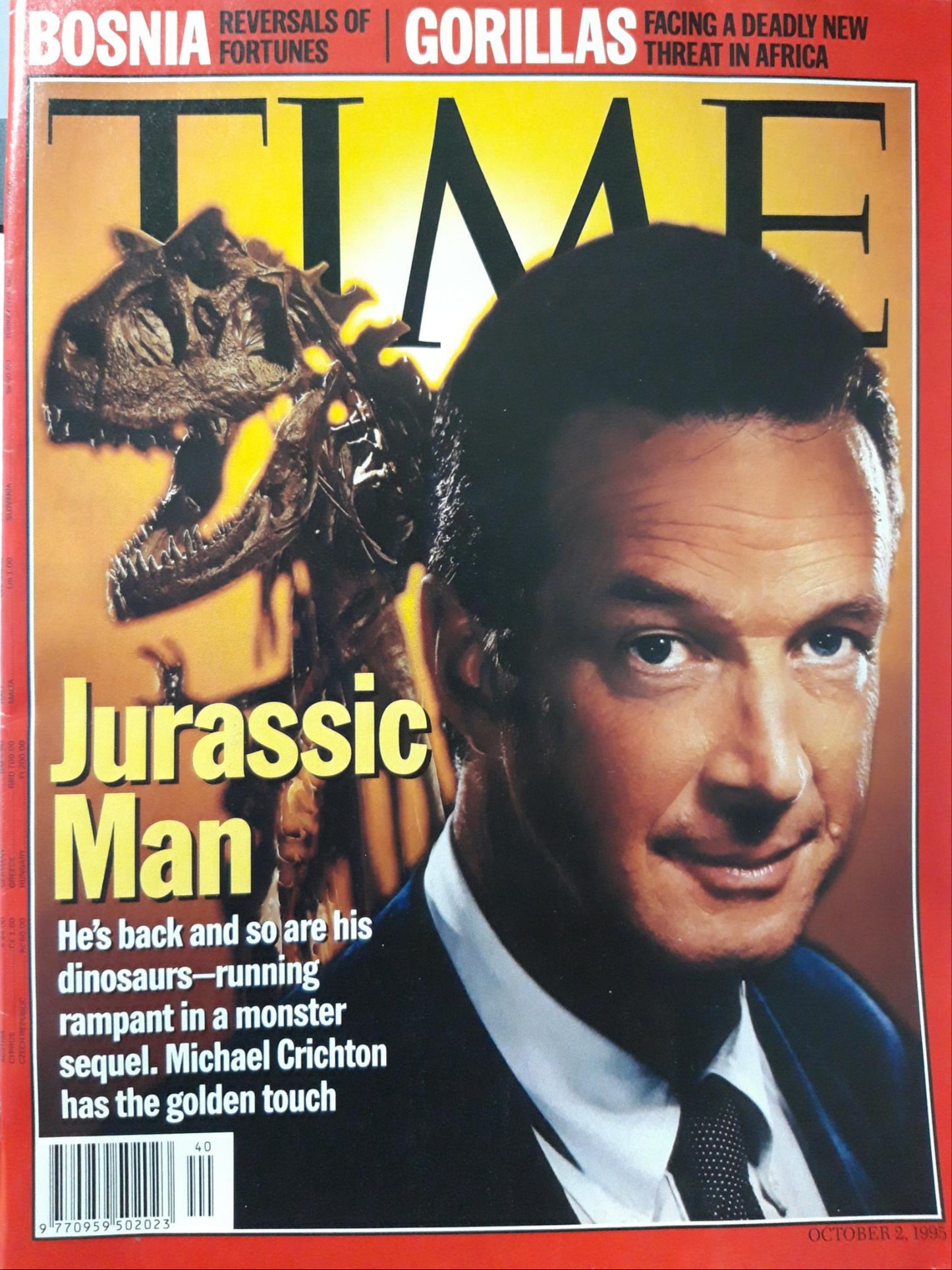 Time magazine Jurassic Man He`s back and so are his dinosaurs Michael Crichton Bosnia Reversals of fortunes Gorillas Facing a deadly new threat in Africa 02.10.1995 Oktober 1995