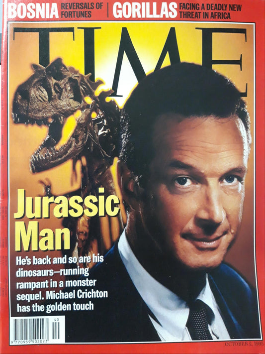 Time magazine Jurassic Man He`s back and so are his dinosaurs Michael Crichton Bosnia Reversals of fortunes Gorillas Facing a deadly new threat in Africa 02.10.1995 Oktober 1995