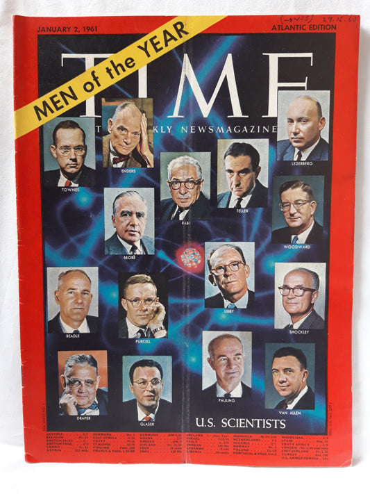 Time magazine Men of the year Atlantic edition U.S.Scientists 02.01.1961 Januar 1961 Townes Enders Segrè Rabi Teller Lederberg Woodward Beadle Purcell Libby Shockley Draper Glaser Pauling Van Allen