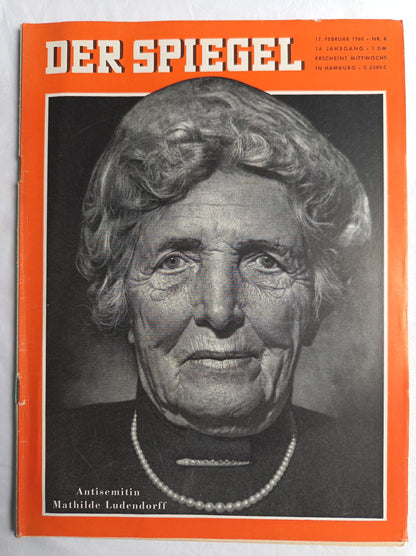 Magazine Zeitschrift Der Spiegel Antisemitin Mathilde Lundendorff 17.02.1960 17th 17. February Nr.8